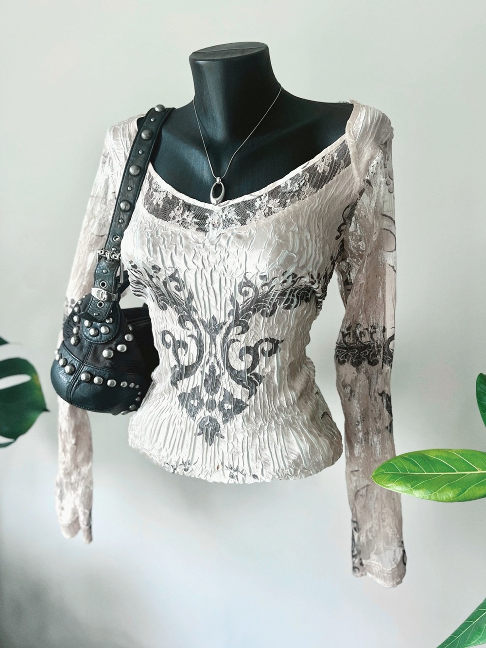 RARE 1998 Vintage Komarov | Pleated Silk Sheer Lace Sleeve Top
